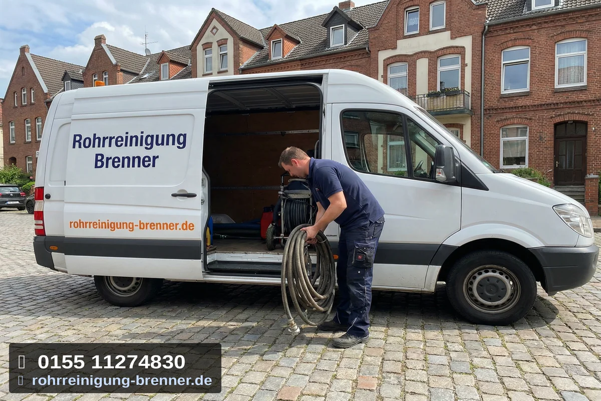 Techniker bei der Rohrreinigung Bogen